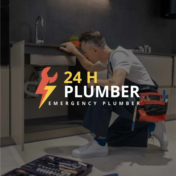 24h Plumber logo on image background, on call emergency plumber in action
